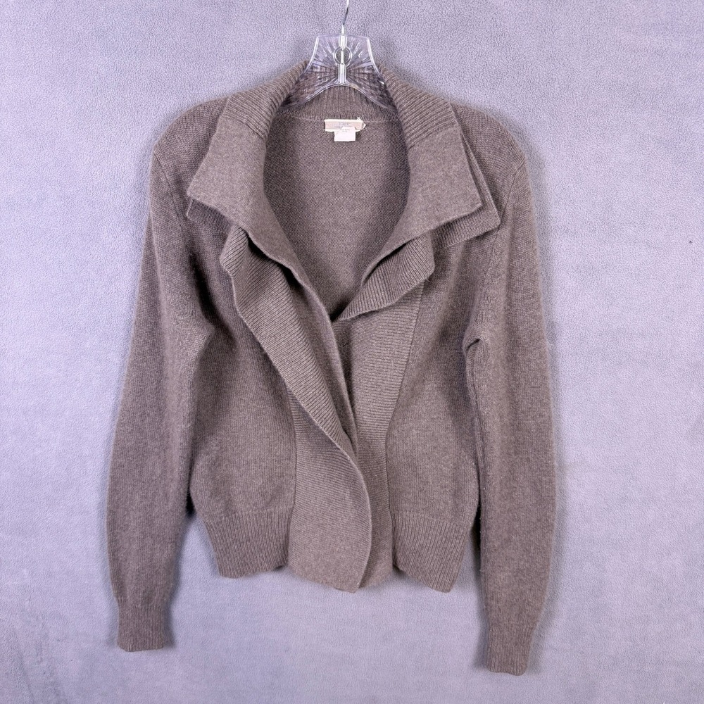 J Crew Womens Cashmere Cardigan Sweater Medium Brown Ruffle Open Front Academia